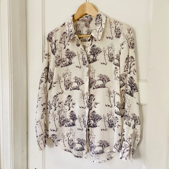 H&M Women’s Size 6 Button Down Collared Blouse Top White Black Toile Classic - Picture 3 of 12